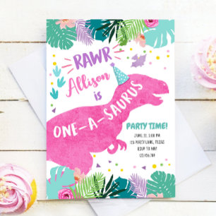 One-A-Saurus Pink Dinosaur Girl 1st First Birthday Invitation