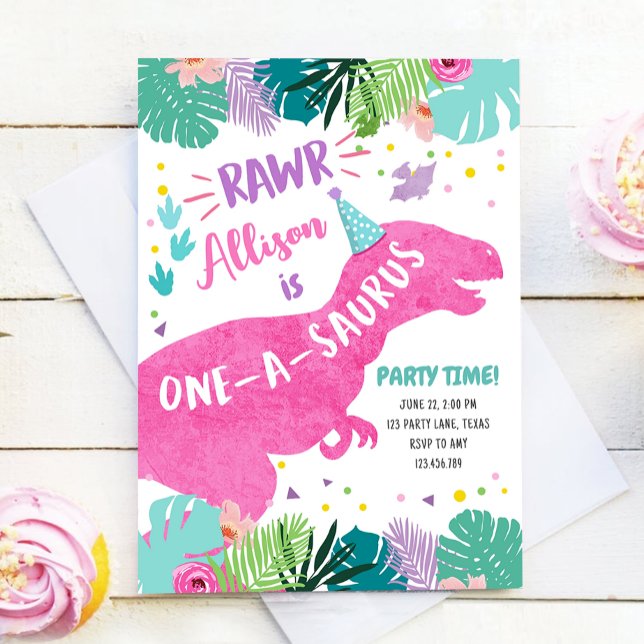 One-A-Saurus Pink Dinosaur Girl 1st First Birthday Invitation (Creator Uploaded)