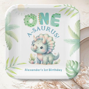 One A-Saurus Triceratops Dinosaur 1st Birthday Paper Plate