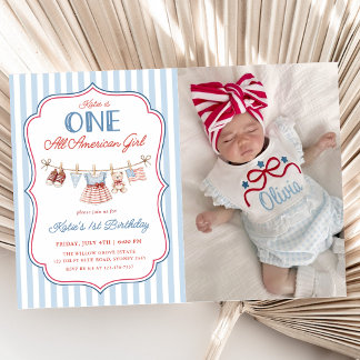 One All American Girl Patriotic 1st Birthday Photo Invitation
