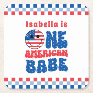 One American Babe 4th Of July 1st Birthday Square Paper Coaster