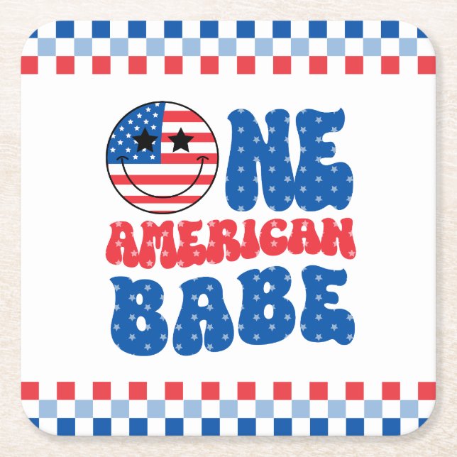 One American Babe 4th Of July 1st Birthday Square Paper Coaster (Front)