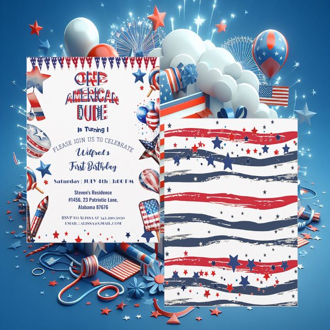  One American Dude 4 July Red White Blue Birthday Invitation (One American Dude 4 July Red White Blue Birthday Invitation)