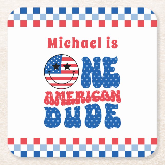 One American Dude 4th Of July 1st Birthday Square Paper Coaster (Front)