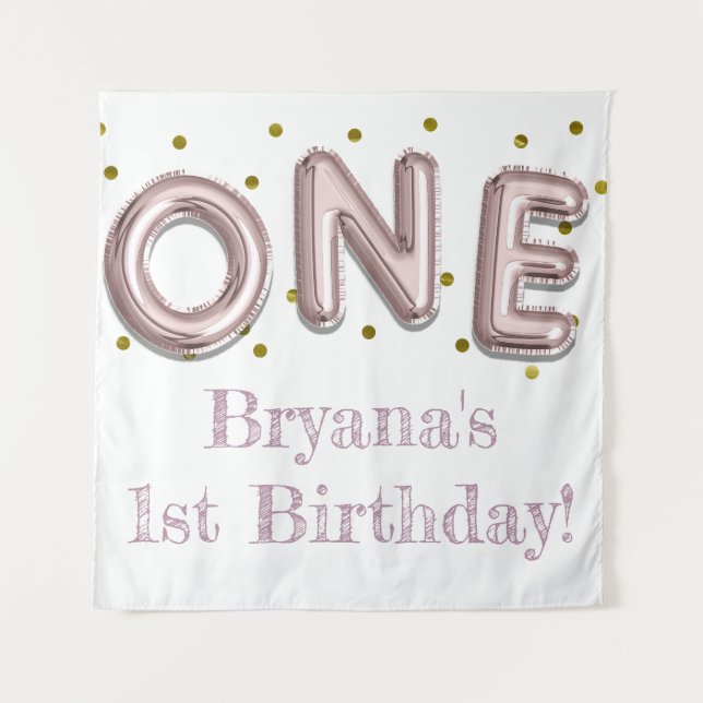 ONE Balloon Pink & Gold Party Photo Backdrop Tapestry (Front)