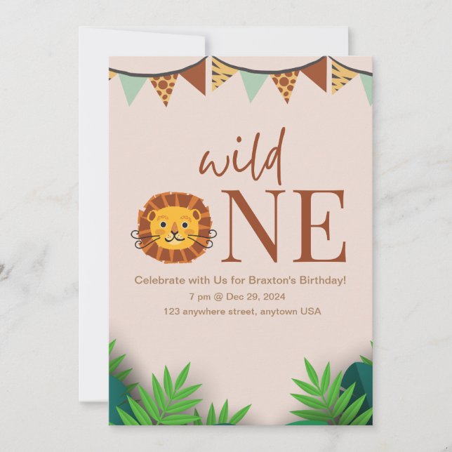 one bday personalized safari  jungle birthday  invitation (Front)