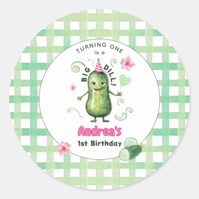 One Big Dill Pickle First Birthday Pink Classic Round Sticker (Front)