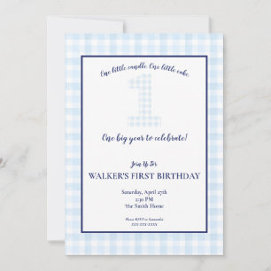 ONE Big Year - Classic Blue Gingham Birthday Invit Invitation