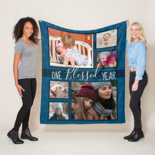 One Blessed Year Multi photo Blue Polka Dots Fleece Blanket