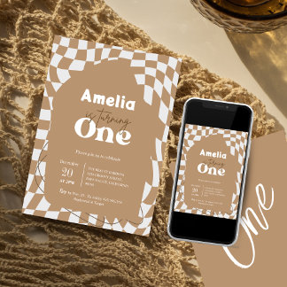 One! | Boho Chequered | Gingham | 1st birthday Invitation