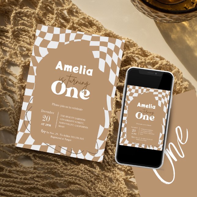 One! | Boho Chequered | Gingham | 1st birthday  Invitation (Creator Uploaded)
