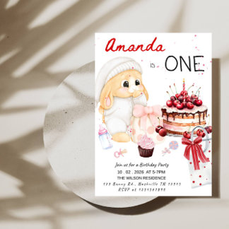 ONE Bunny First Birthday - Baby Girl 1st Birthday Invitation