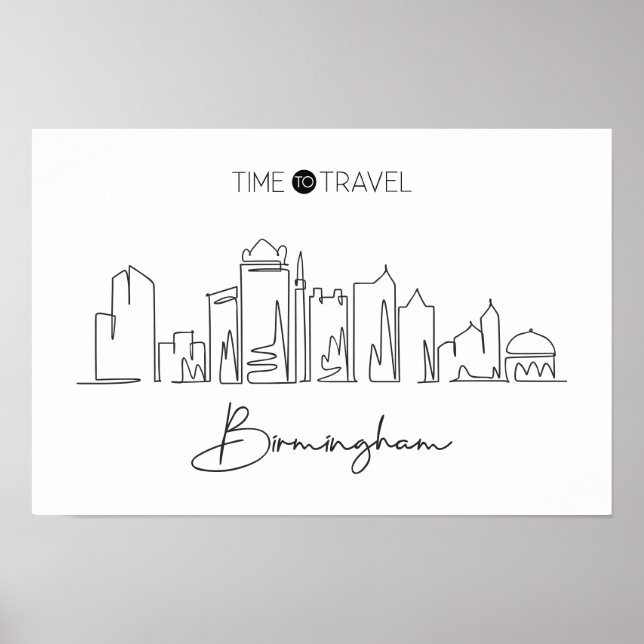One Continuous Line Drawing Of Birmingham Skyline  Poster (Front)