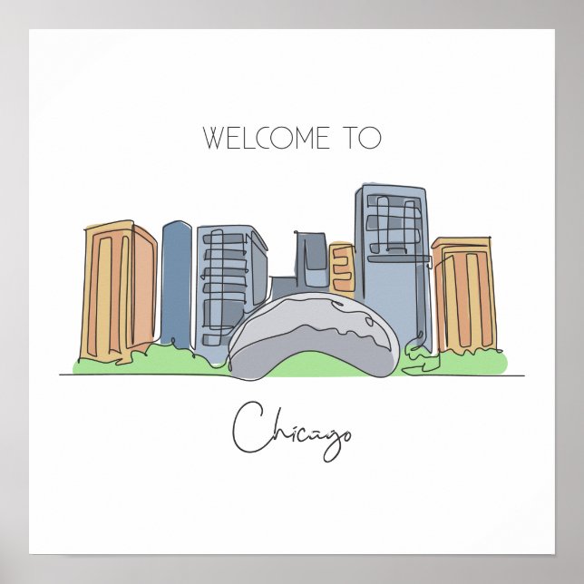 One Continuous Line Drawing of Chicago USA   Poster (Front)