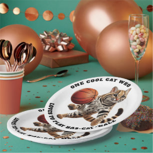 One Cool Cat Who Loves to Play Bas-cat-ball Paper Plate