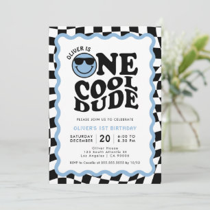 One Cool Dude Blue Smile Face Boy 1st Birthday Invitation