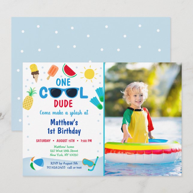  One Cool Dude Boys Pool Party Birthday Invitation (Front/Back)