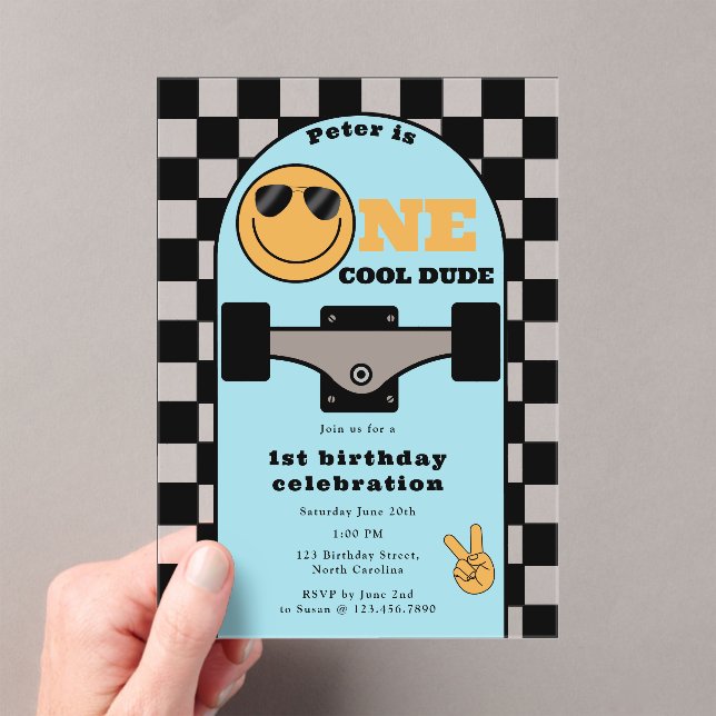 One Cool Dude Invite 1st First Birthday Skateboard Acrylic Invitations (Insitu (Handheld))