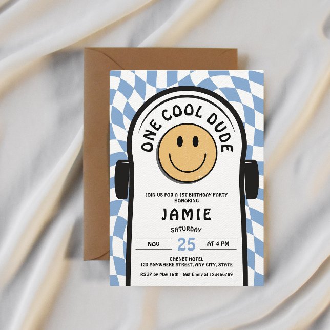 One Cool Dude Retro Skateboard 1st Birthday Invitation (One cool dude 1st birthday skateboard invitation)