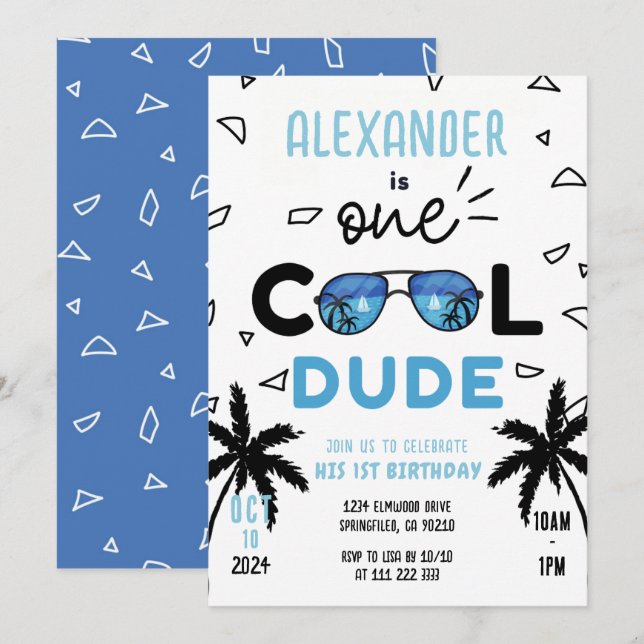 One Cool Dude Sunglasses Boy 1st First Birthday Invitation (Front/Back)