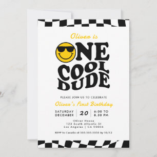One Cool Dude Wavy Preppy Smile Boy 1st Birthday Invitation