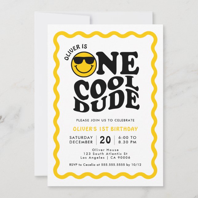One Cool Dude Yellow Happy Face Boy 1st Birthday Invitation (Front)