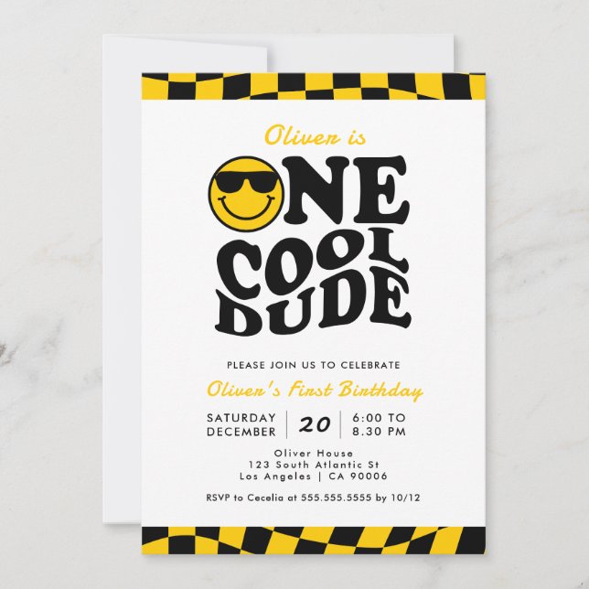 One Cool Dude Yellow Wavy Smile Face 1st Birthday Invitation (Front)