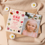 ONE Cute Bug Ladybug 1st Birthday Party Photo Invitation<br><div class="desc">Cute girl's 1st birthday party invitation card featuring illustration of ladybugs with wildflowers. The text says "our girl is ONE cute bug." You can add a photo to this invite.</div>