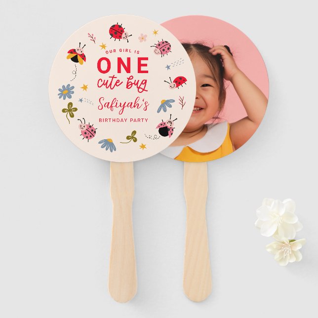 ONE Cute Bug Ladybug Birthday Party Photo  Hand Fan (Front and Back)
