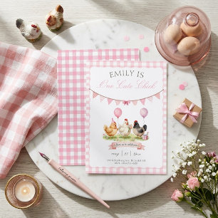 One Cute Chick 1st Birthday Pink Gingham Invitation