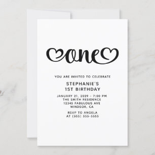One Cute Hearts Script 1st Birthday Invitation