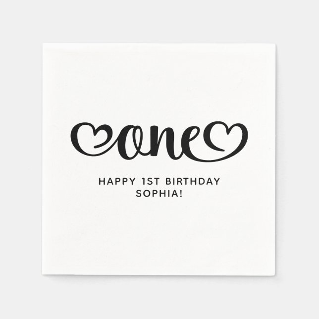 One Cute Hearts Script 1st Birthday Napkin (Front)