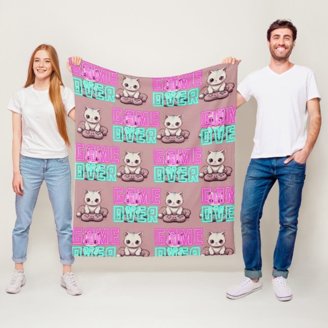 One Cute Kawaii Gamer Cat, game over Pattern Fleece Blanket (In Situ)