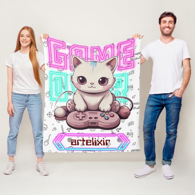 One Cute Kawaii Gamer Cat, game over Print Fleece Blanket (In Situ)