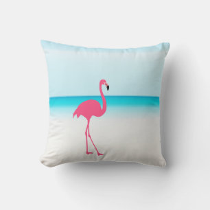One cute pink flamingo on the beach throw pillow