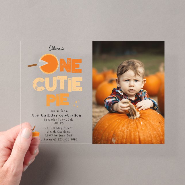 One Cutie Pie Invite 1st First Birthday Cute Photo Acrylic Invitations (Insitu (Handheld))