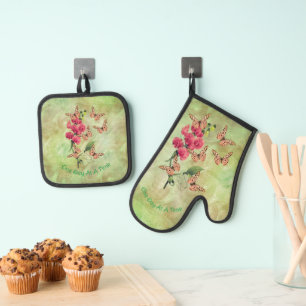 One Day At A Time Butterflies Sweet Pea Flower Oven Mitt & Pot Holder Set