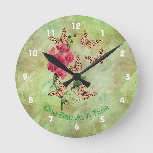 One Day At A Time Butterflies Sweet Pea Flower   Round Clock (Front)