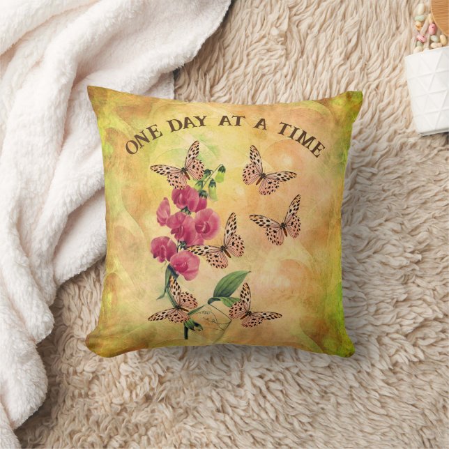 One Day At A Time Butterfly Flower Inspirational Throw Pillow (Blanket)