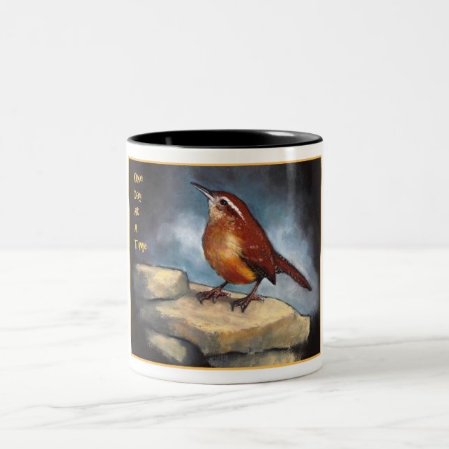 One Day At A Time: Carolina Wren in Oil Pastel Two-Tone Coffee Mug (Center)