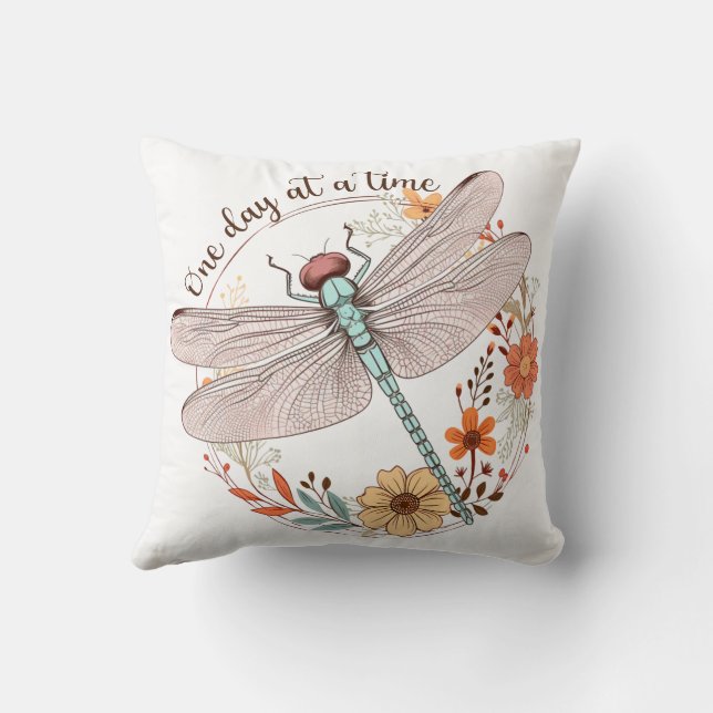 One Day at a Time Dragonfly Sublimation Throw Pillow (Back)