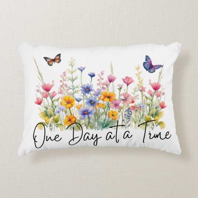 One Day at a Time Inspirational Quote Wildflowers Accent Pillow (Front)