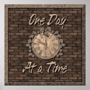 One Day At A Time Quote Slogan Old Clock Poster