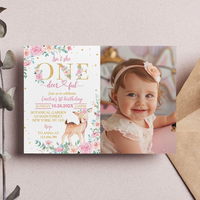 One-deerful Pink Floral Birthday Photo Invitation (Creator Uploaded)