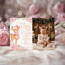 One-deerful Pink Floral Birthday Photo Invitation