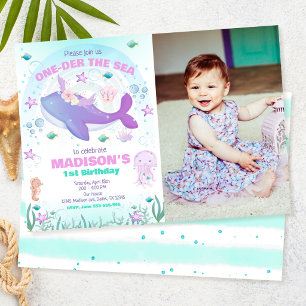 One-der the Sea Party Whale Girl 1st Birthday Invitation