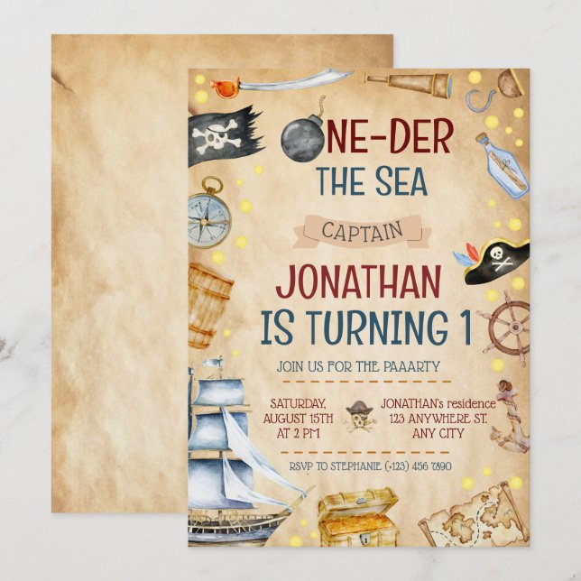 One-der The Sea Pirate Ship 1st Birthday Party Invitation (Front/Back)