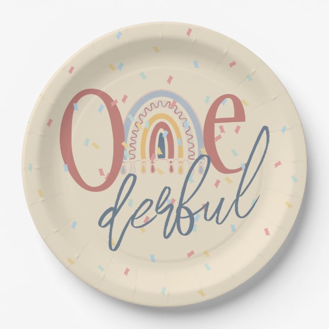 One-derful 1st birthday, Boho rainbow birthday Paper Plate (Front)