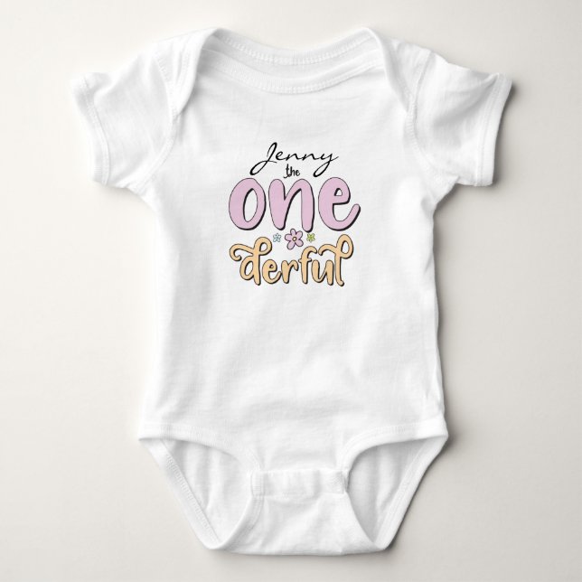 "One-derful", Personalized Name, flowers design Baby Bodysuit (Front)