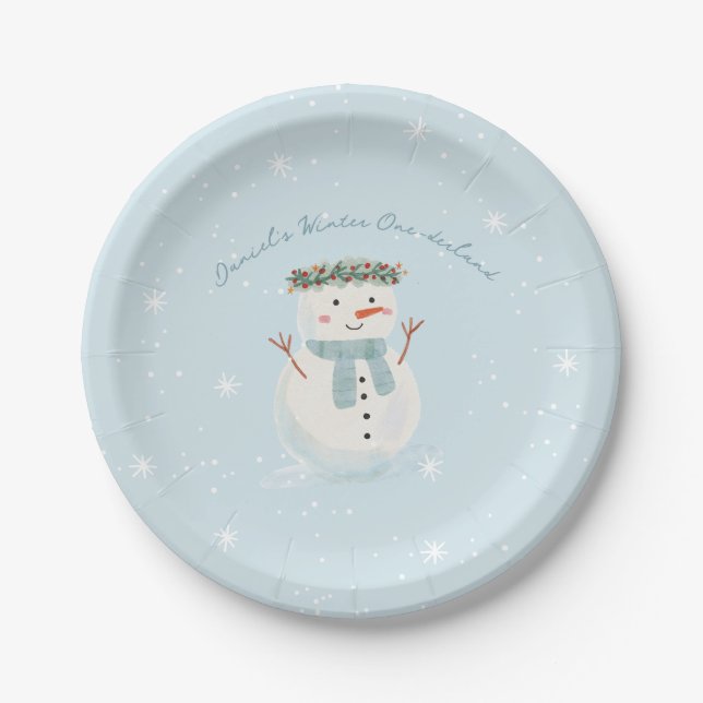 One-derland Winter Bash Cute Snowman and Snowflake Paper Plate (Front)